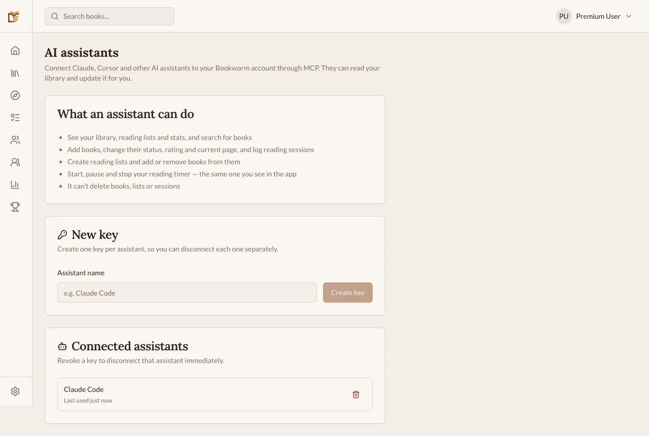 A página Assistentes de IA com o que um assistente pode fazer, o formulário Nova chave e uma chave do Claude Code conectada