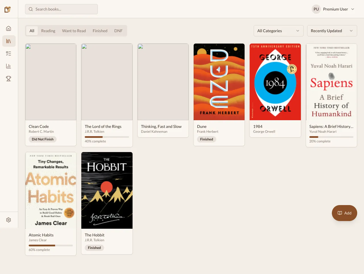 Página da Biblioteca mostrando sua coleção de livros com filtros de status e ordenação por categoria