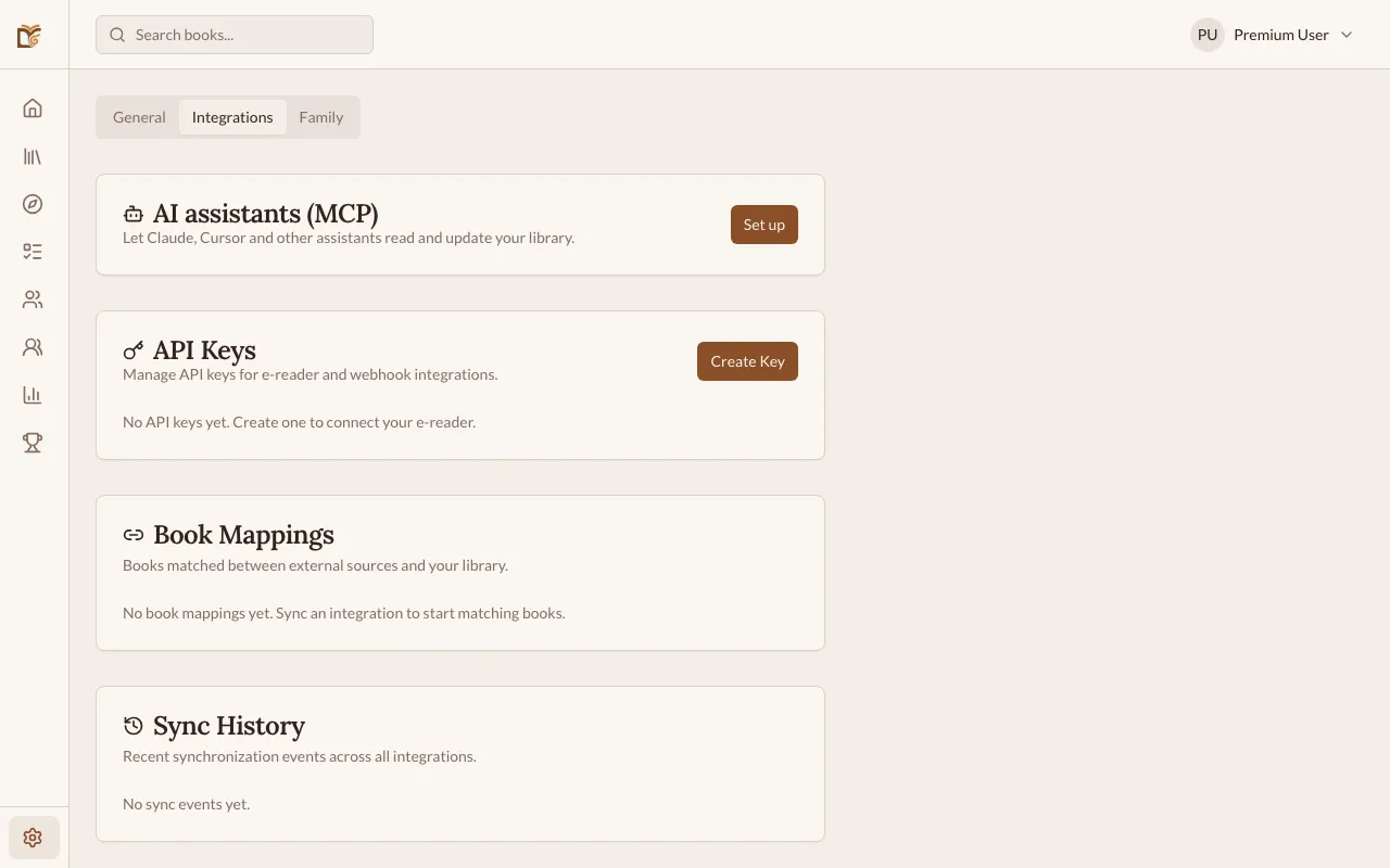 Aba de Integrações nas Configurações mostrando Chaves de API e conexão do Google Play Livros